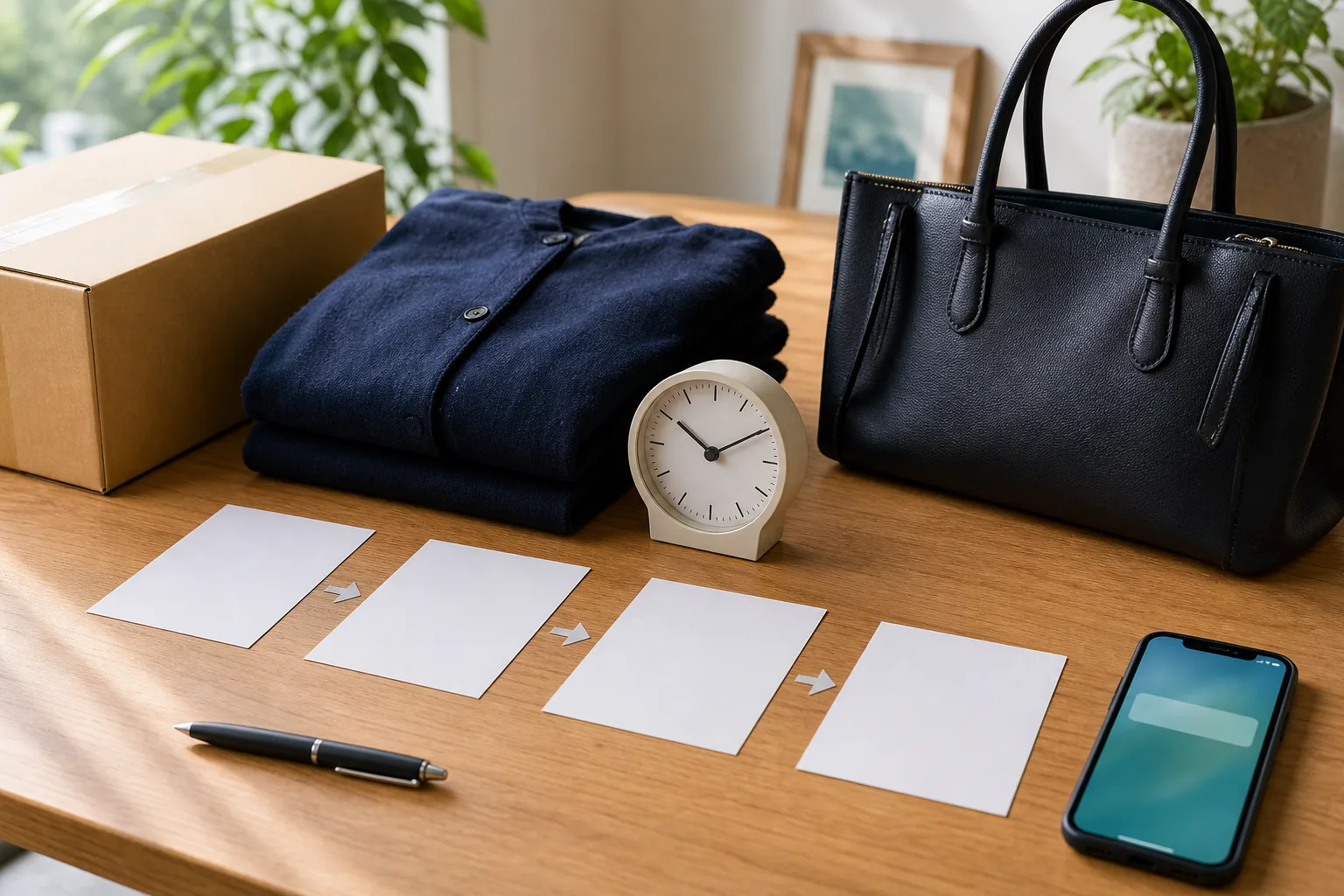 時計と配送箱、服、バッグを並べて査定から入金までの流れを確認する机