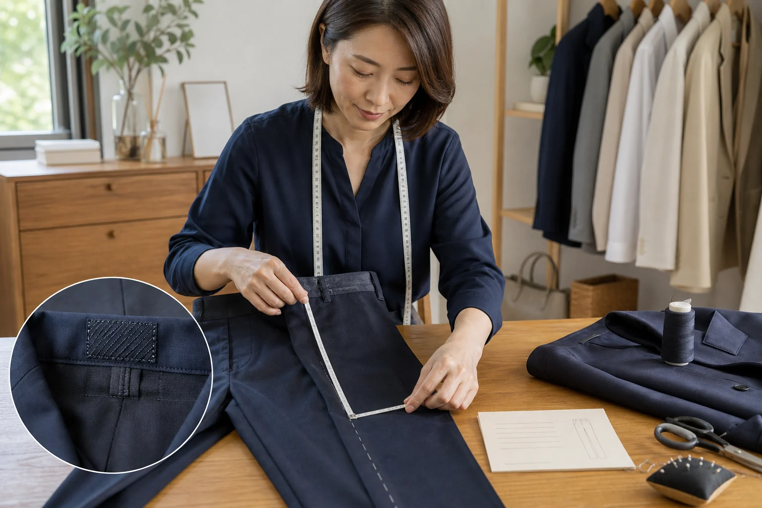 裾上げ部分と名前の刺しゅうを確認する服の写真